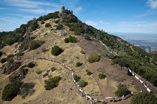 Overhead view of people & ribbon encircling Mt. Diablo peak